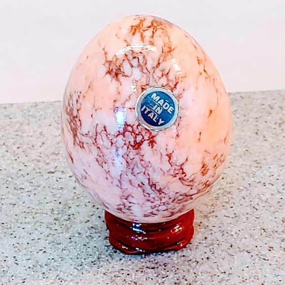 ITALIAN MARBLE PEACH & BROWN TIGER STRIPED EGG 1960s ITALY MADE WITH WOOD STAND - Picture 1 of 7